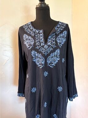 J. Jill Navy Tunic with Light Blue Floral Embroidery